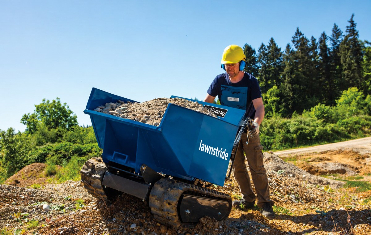 DP5000 tracked mini dumper, carrying a full load of spoil across rough ground
