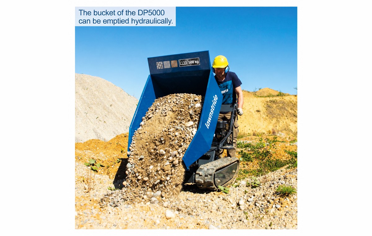 DP5000 tracked mini dumper, skip tipped hydraulically, discharging the load