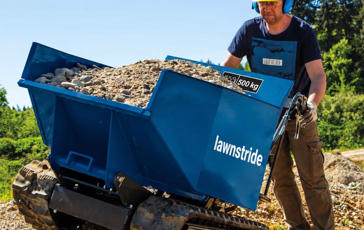 DP5000 tracked mini dumper, close-up of a loaded skip