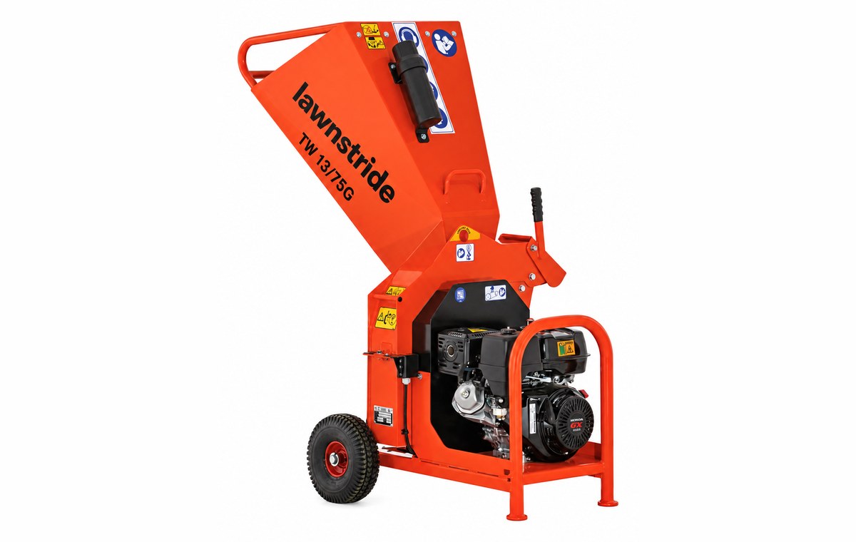 TW 13/75G petrol wood chipper, rear three-quarter view with the model badge